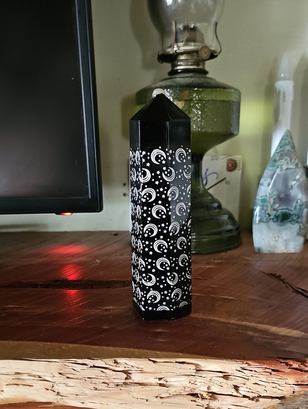 Black Obsidian Tower Point with White Crescent Moon Pattern